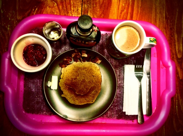 Grandma's Brunch:  Raspberry Hot Cocoa Pancakes, bacon, coffee, raspberries and meds.