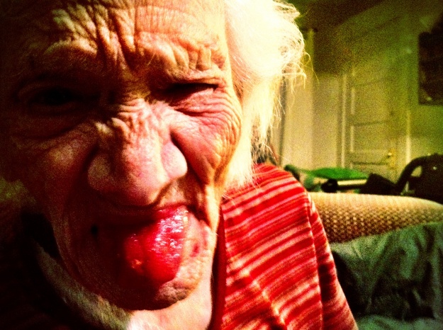 Grandma shows off her "candy tongue".